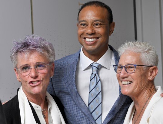 World Golf Hall of Fame inductee Tiger Woods is seen with Rebecca Gaston, left, and Patty Sheenan, right.